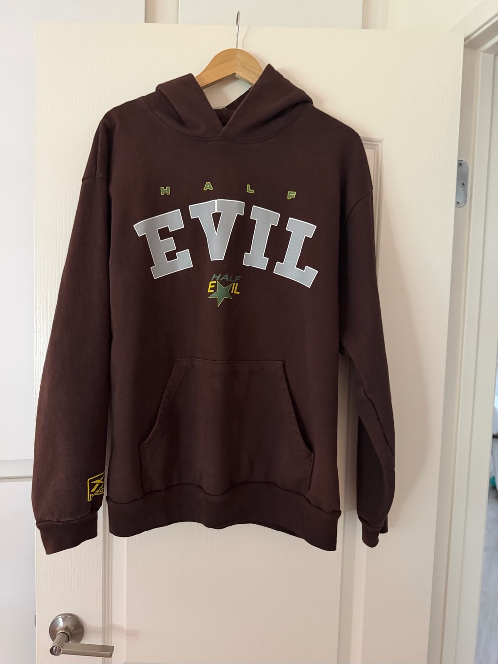 HALF-EVIL Graphic Brown Hoodie with Lime Accents